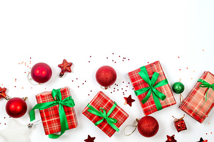 Christmas composition. Red gift boxes with green ribbon at white, a Holiday Photo by vimart