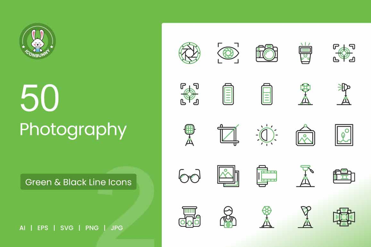 50 Photography Green & Black Icons, an Icon by IconBunny (Photo 1 of 2)