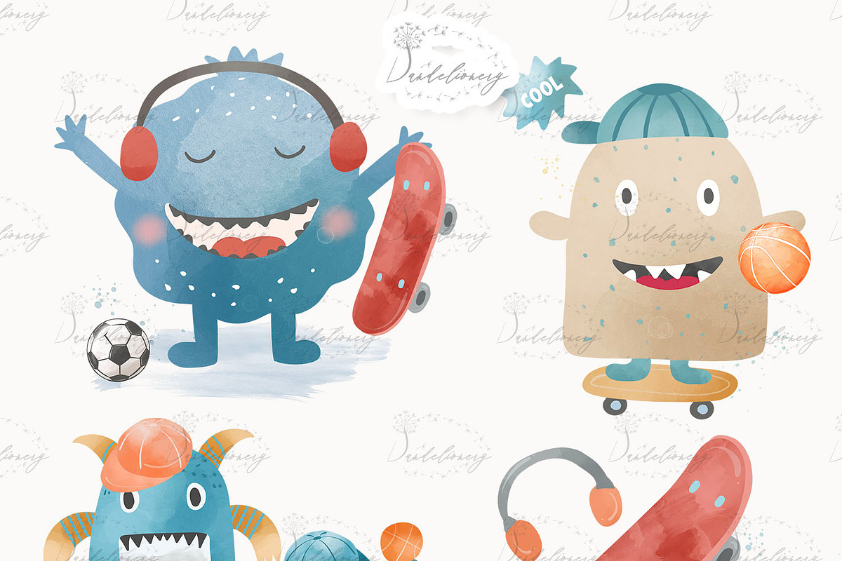 Watercolor Cool Monsters design, a Sport Illustration by designloverstudio (Photo 2 of 3)