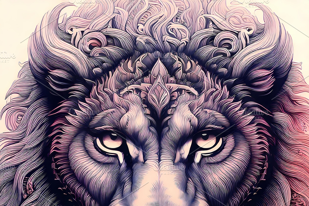 Ornate lion portrait with decorative elements and serious expres, an Animal Illustration by GoodGoods