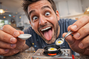 Funny man cooking fried eggs in a mi, a Food & Drink Photo by angellodeco