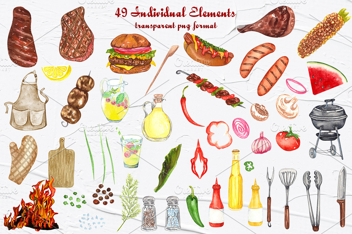 BBQ Watercolor Clip Art, a Food Illustration by BarvArt