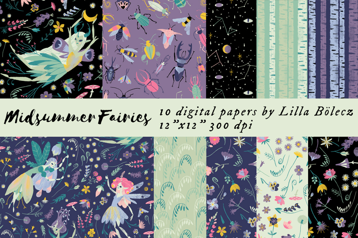 Midsummer Fairies Digital Papers, a Pattern Graphic by Lilla Bölecz (Photo 1 of 6)