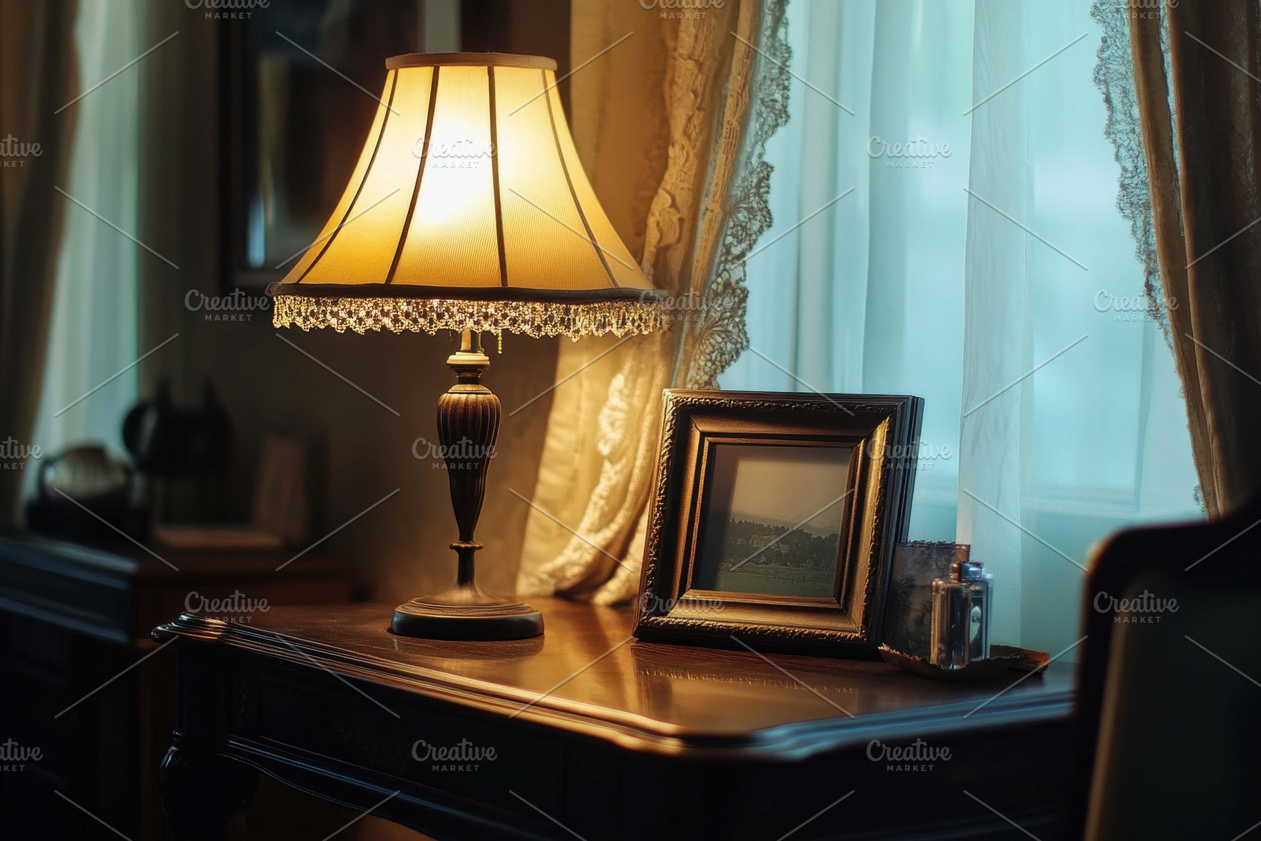 Warmly lit bedside table with lamp,, a Photo by Tanuart