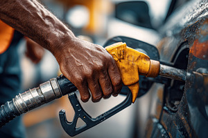Hand fueling a car gas pump nozzle f, a Photo by Pixeness Studio