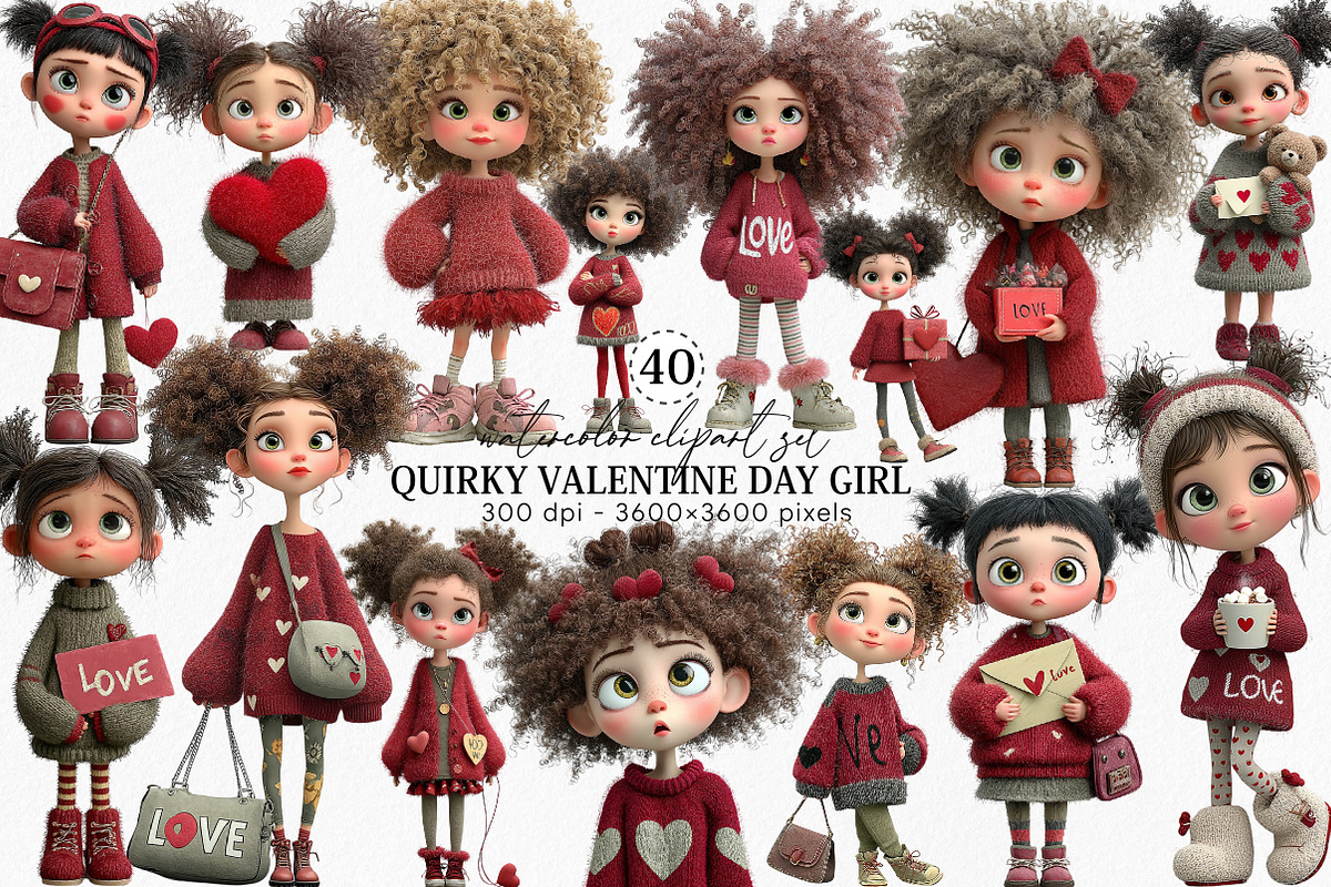 Quirky Valentine Day Girl Clipart, an Illustration by Canvas Craft (Photo 1 of 6)