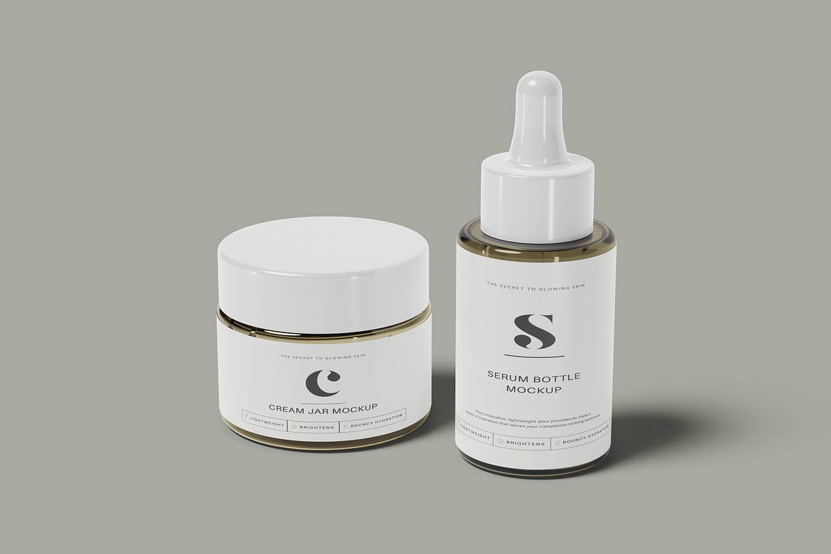 Cosmetic Cream Jar & Dropper Bottle, a Packaging Mockup by Pexelcorner (Photo 2 of 9)