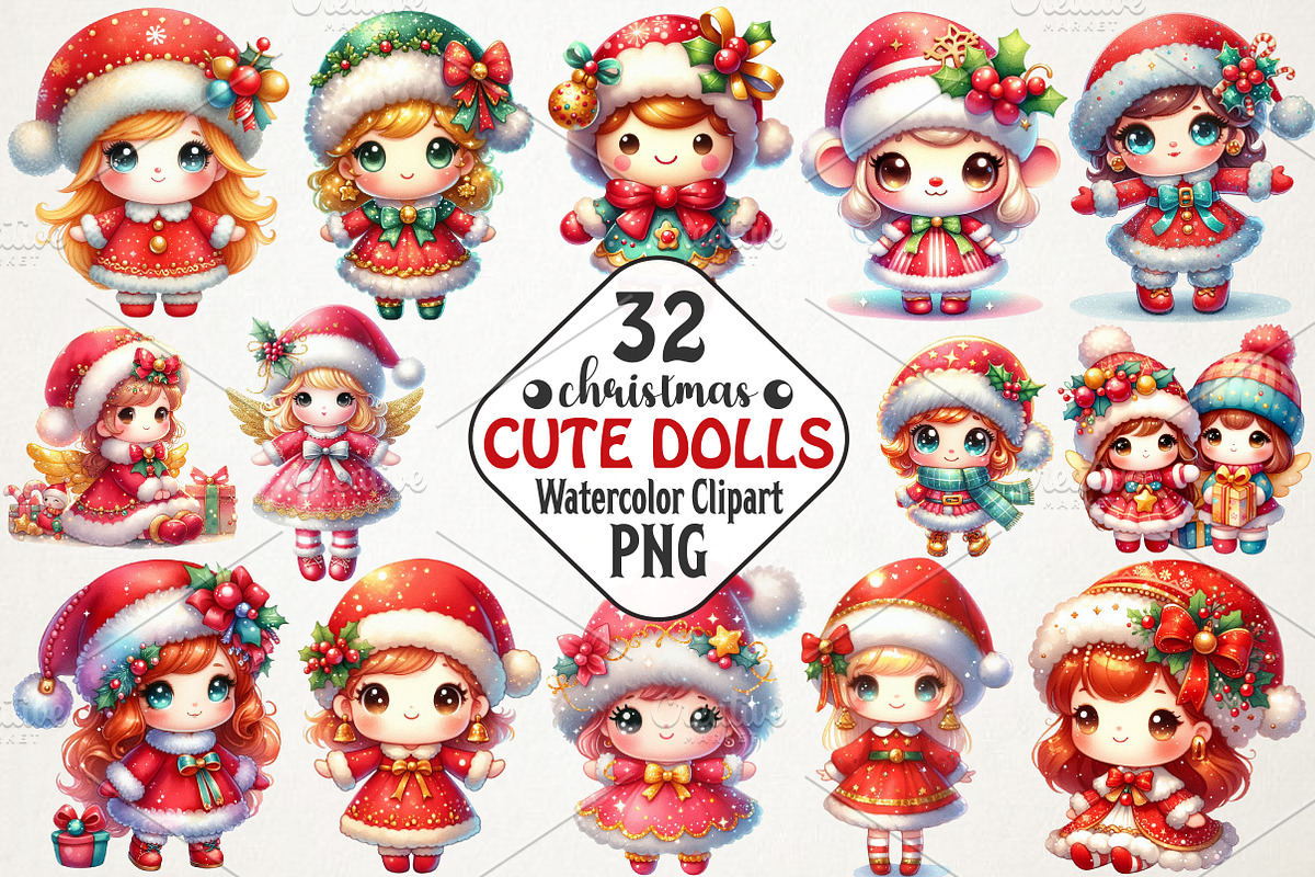 Christmas Cute Dolls Clipart, an Illustration by RobertsArt (Photo 1 of 7)