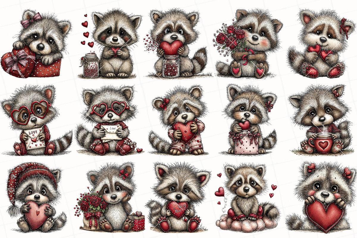 Whimsical Valentine Raccoon Clipart, an Illustration by OK Design (Photo 3 of 6)
