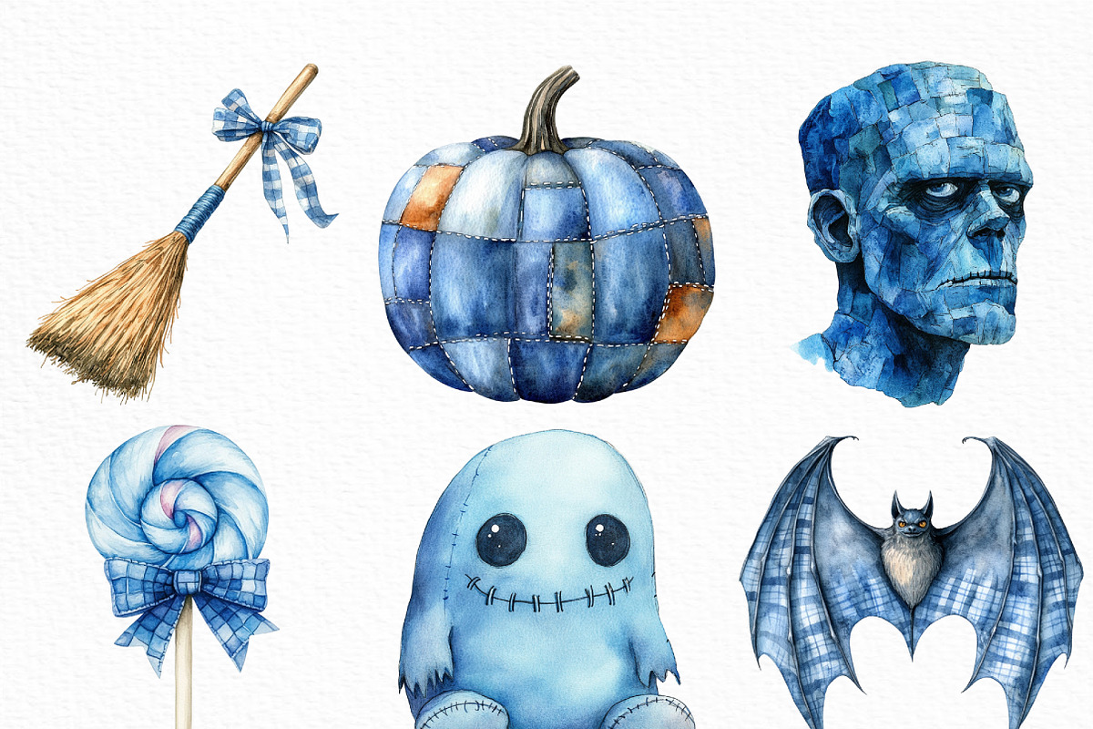 Watercolor Blue Patchwork Halloween, an Illustration by Craft Nest (Photo 5 of 6)