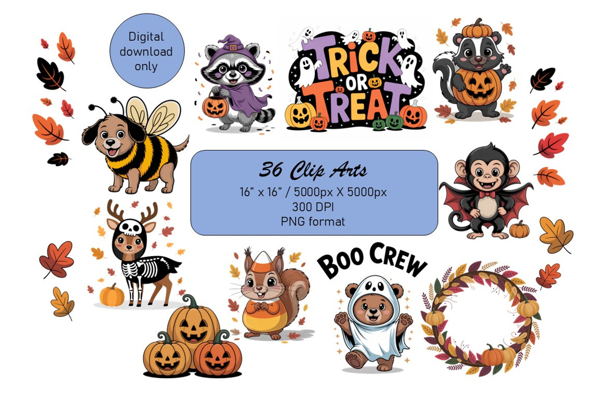 Cute Halloween Animals, 36 Clip Arts, an Object Graphic by Kat's Artful Creations (Photo 2 of 18)