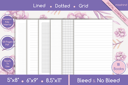 18 Books: Lined,Grid,Dotted