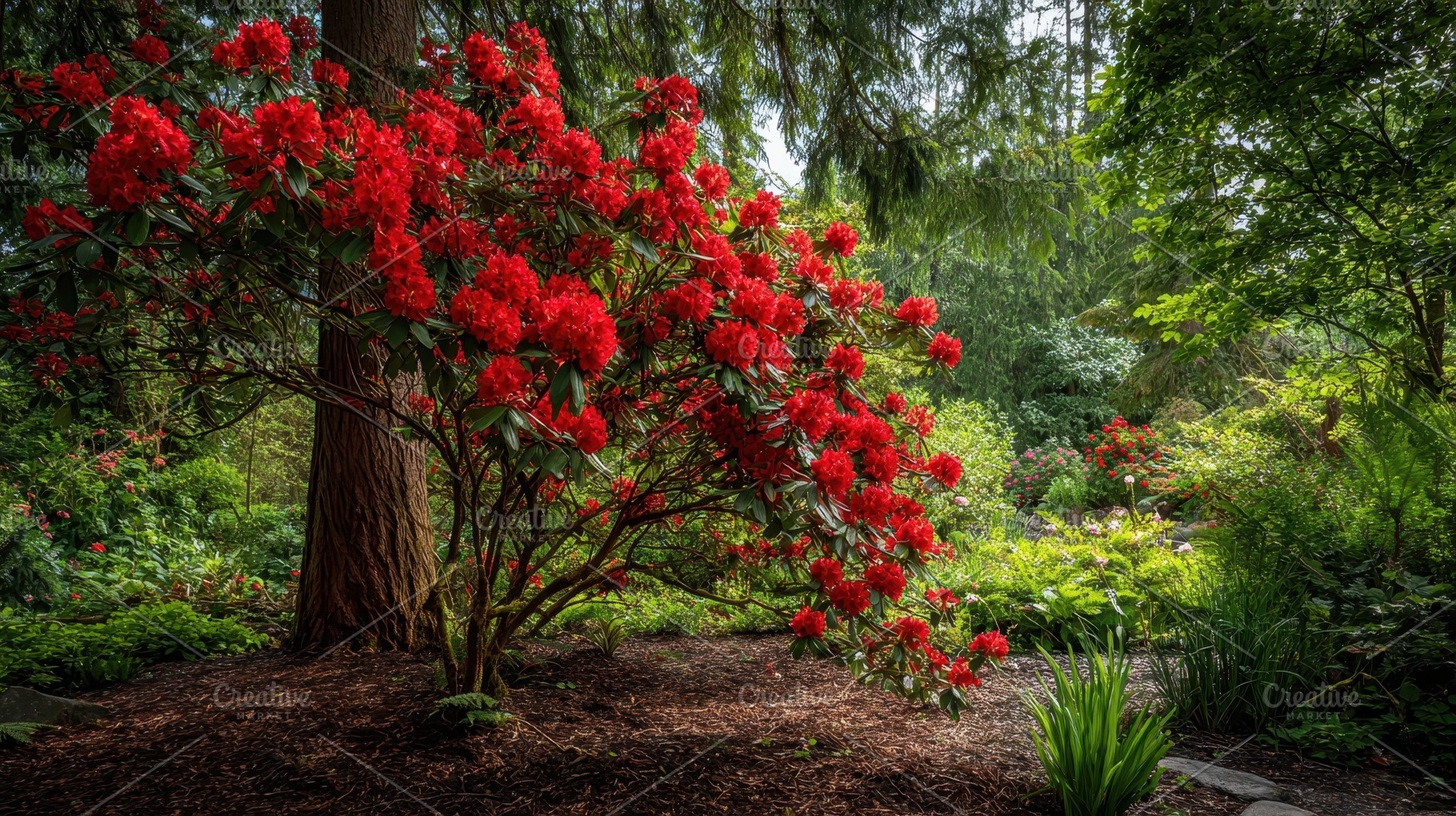 Bright red rhododendron bush blooms, a Photo by Pavel_design