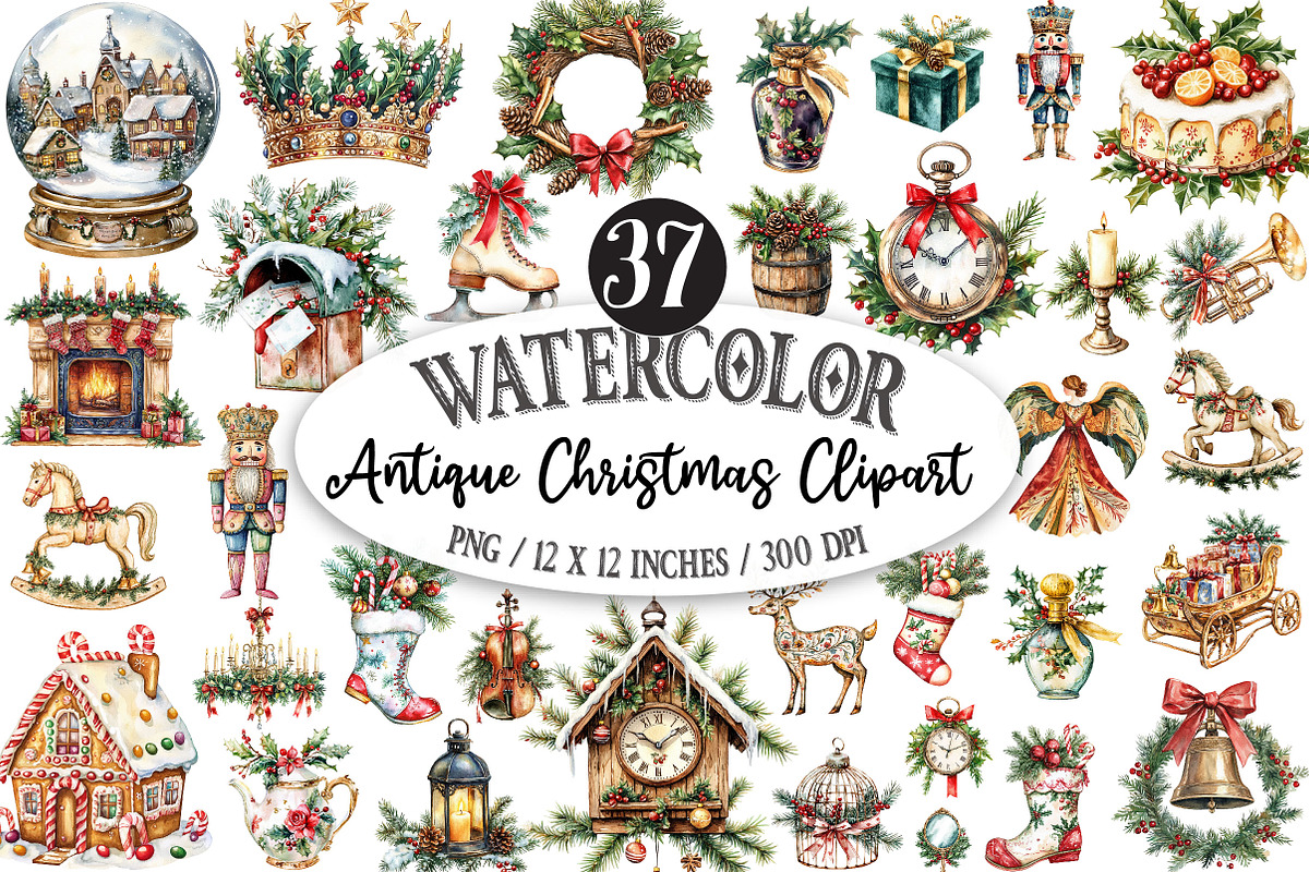 Antique Christmas Watercolor Clipart, a Seasonal Illustration by Designking (Photo 1 of 5)