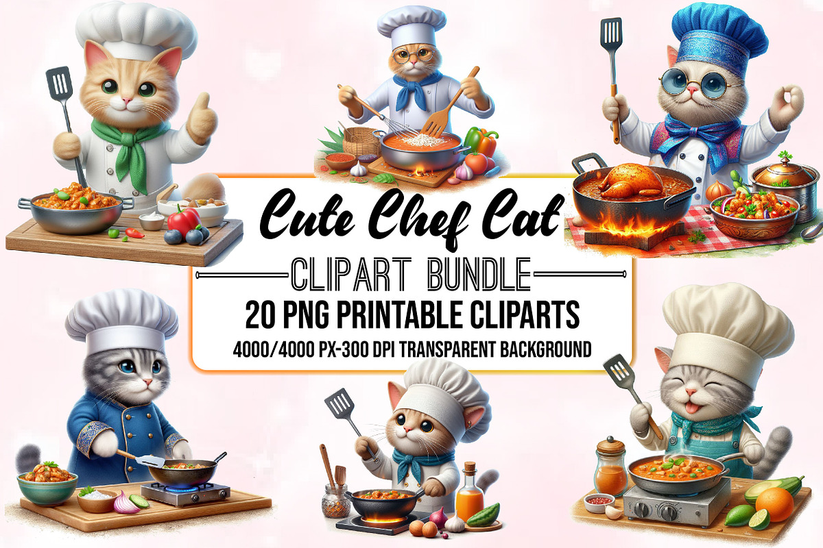 Watercolor Cute Chef Cat Clipart, an Animal Illustration by Craft Nest (Photo 1 of 5)