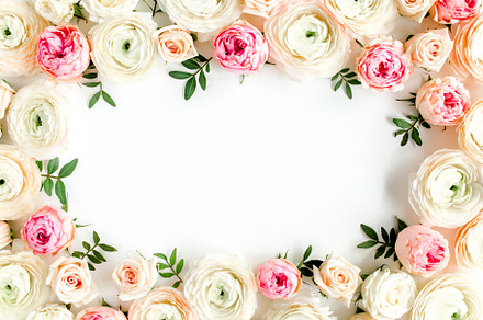 Frame made of pink ranunculus stock photo containing art and background, an Arts & Entertainment Photo by K.Decor