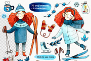 Winter Girl watercolor clipart set, an Illustration by Ekaterina Goncharova (Thumbnail 2 of 4)