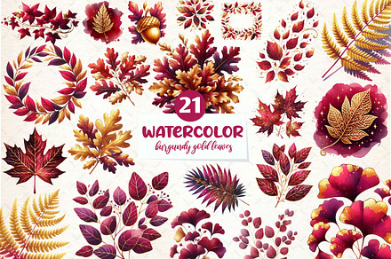 Burgundy and Gold Watercolor Leaves, an Illustration by CreationArt