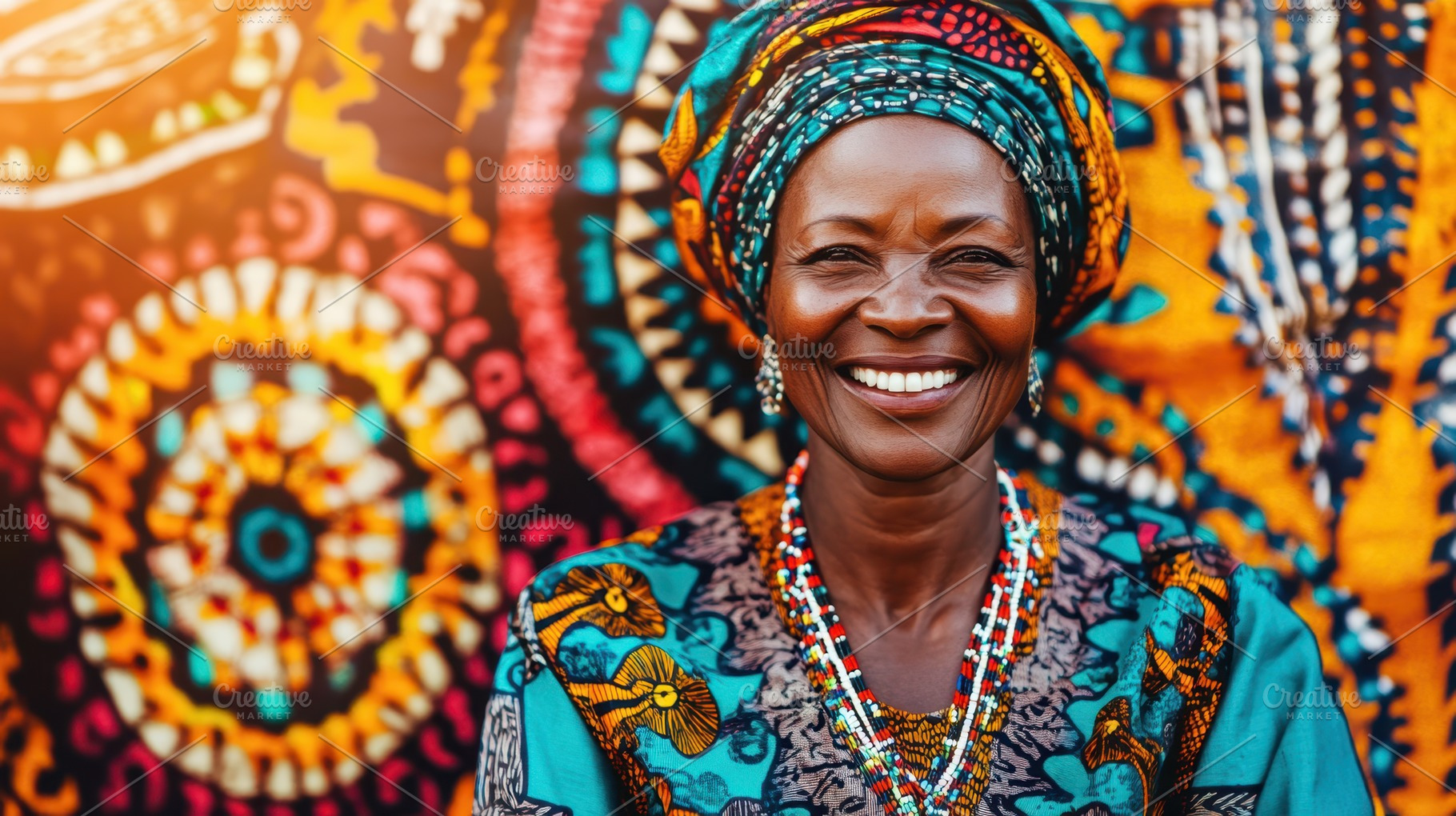 Smiling African woman in colorful traditional attire and headwrap, standing by, a Person Photo by Mashimara