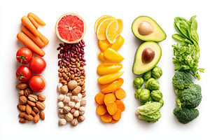 Colorful rows of healthy fruits, vegetables, and nuts, a Food & Drink Photo by AlyaAnd