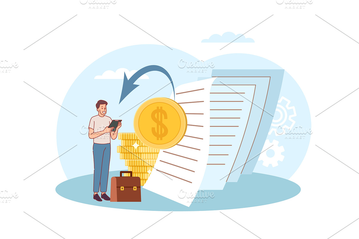 Tax documents accounting. Man files, a Finance Illustration by YummyBuum