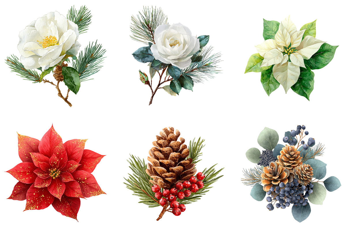 Watercolor Holiday Floral Clipart, an Illustration by DreamArtGraphic (Photo 2 of 4)