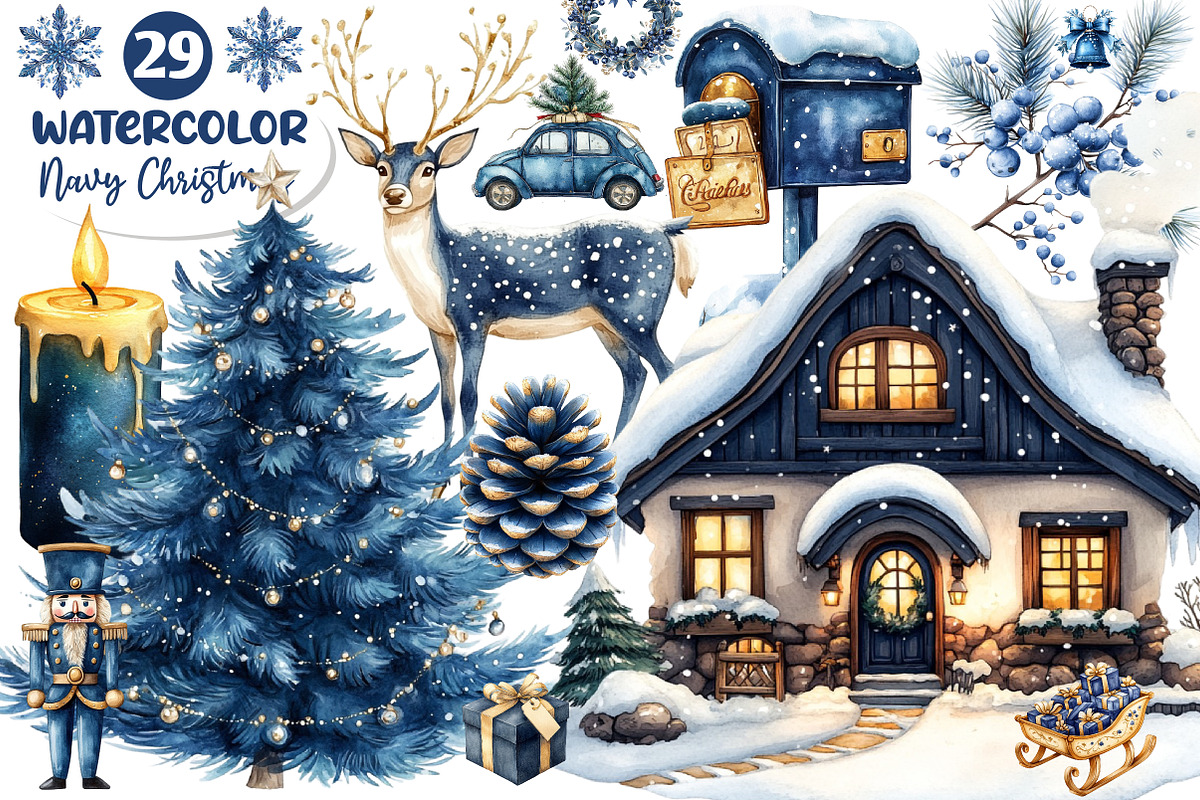Watercolor Navy Christmas Clipart, an Illustration by Dream Creation (Photo 1 of 6)
