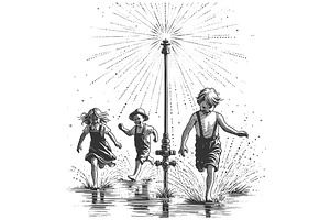 Kids Playing in Sprinkler vector, a Person Illustration by AlexArt