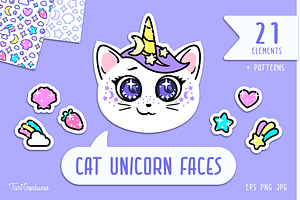 Cat Unicorn faces Clipart & Patterns