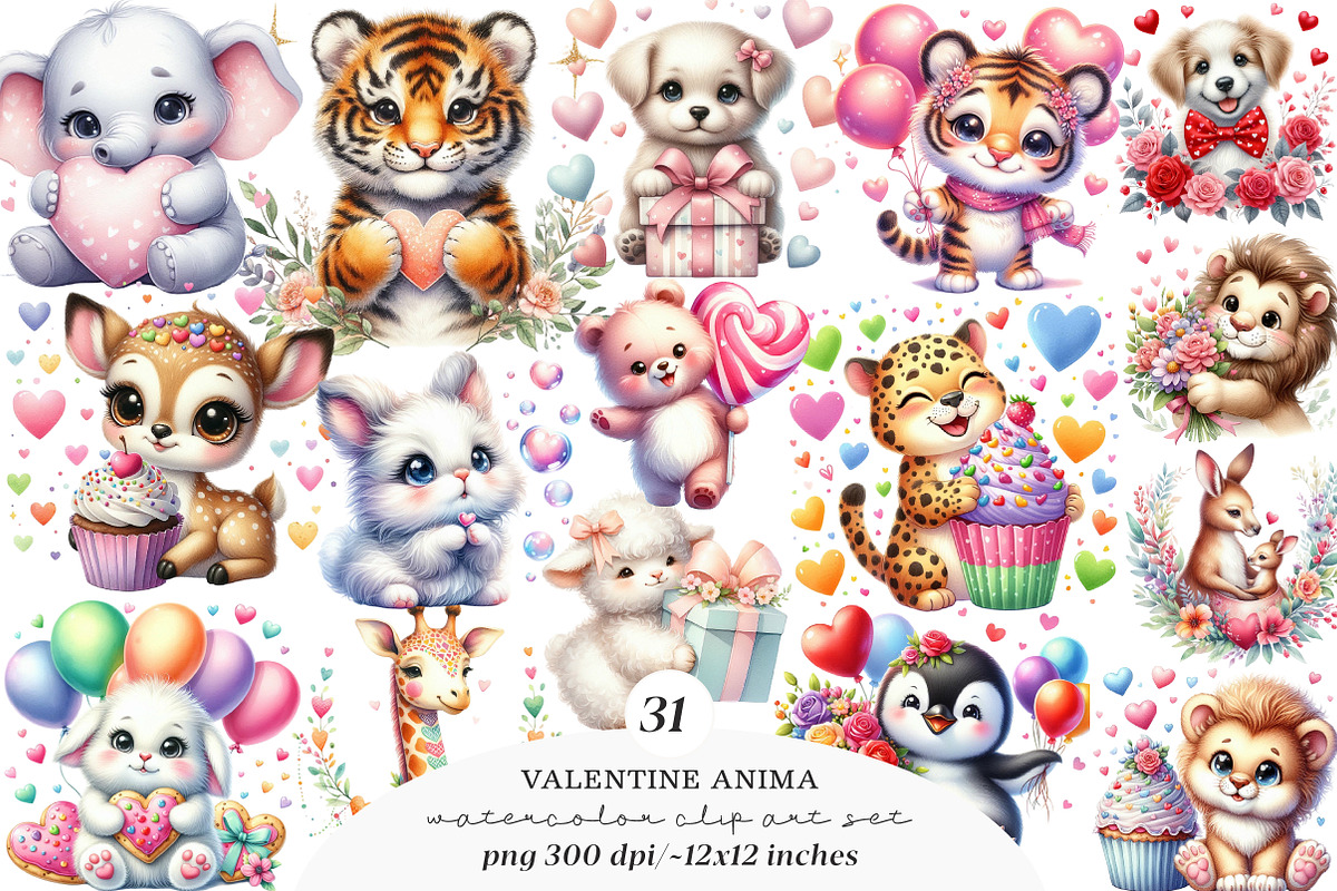 Cute Valentine Animal Clipart Bundle, an Illustration by SinaCreation (Photo 1 of 11)