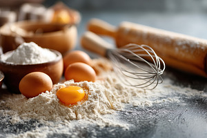Flour and eggs on kitchen counter ready for baking in a cozy home kitchen setti, a Food & Drink Photo by AlyaAnd