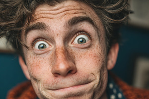 Freckled young man with a surprised, funny expression portrait for humorous lif, a Photo by AS photostudio