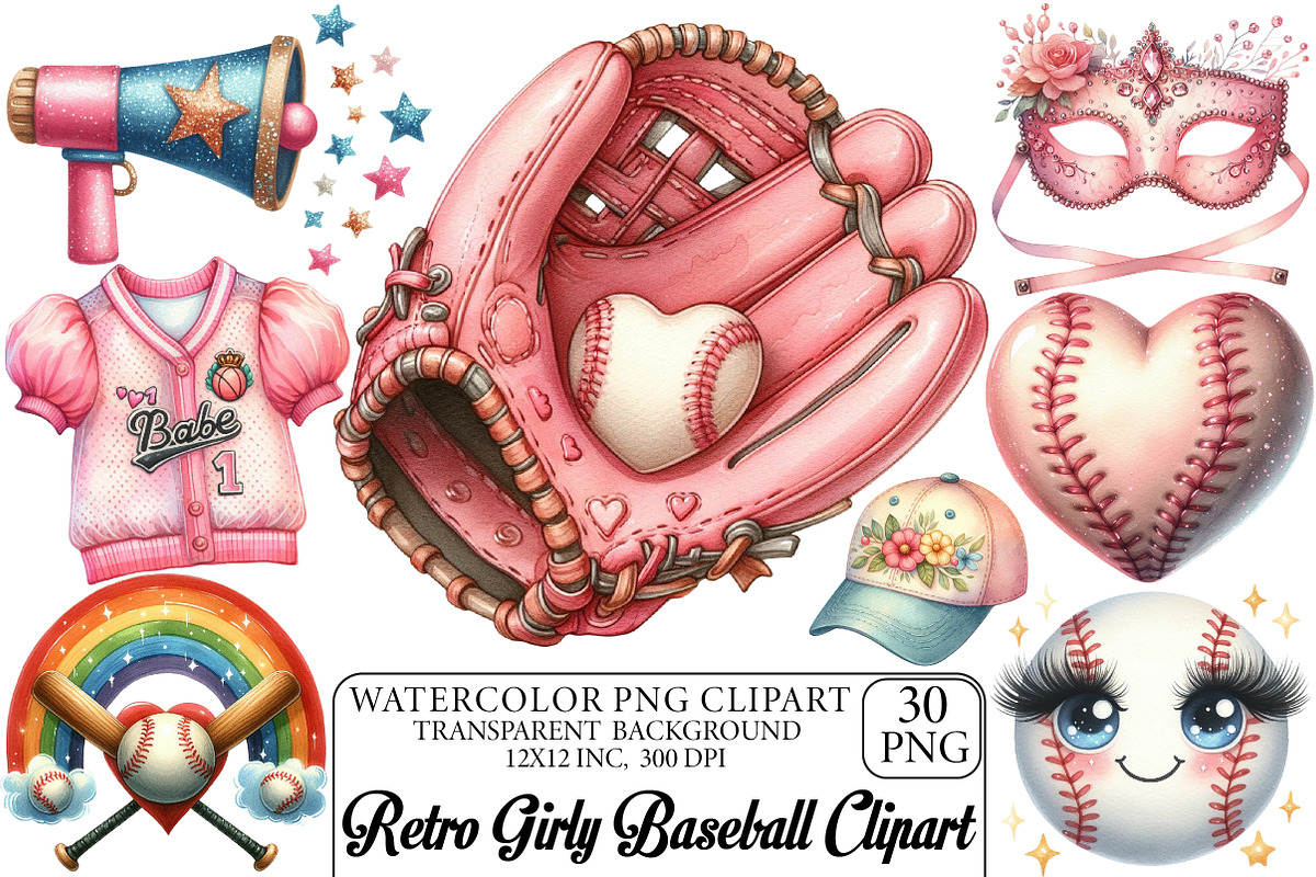 Retro Girly Baseball Clipart, an Illustration by DreamPrint404 (Photo 1 of 5)