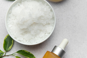 Magnesium flakes, body oil and cream creating relaxing spa kit, a Health & Medical Photo by Olena Rudo