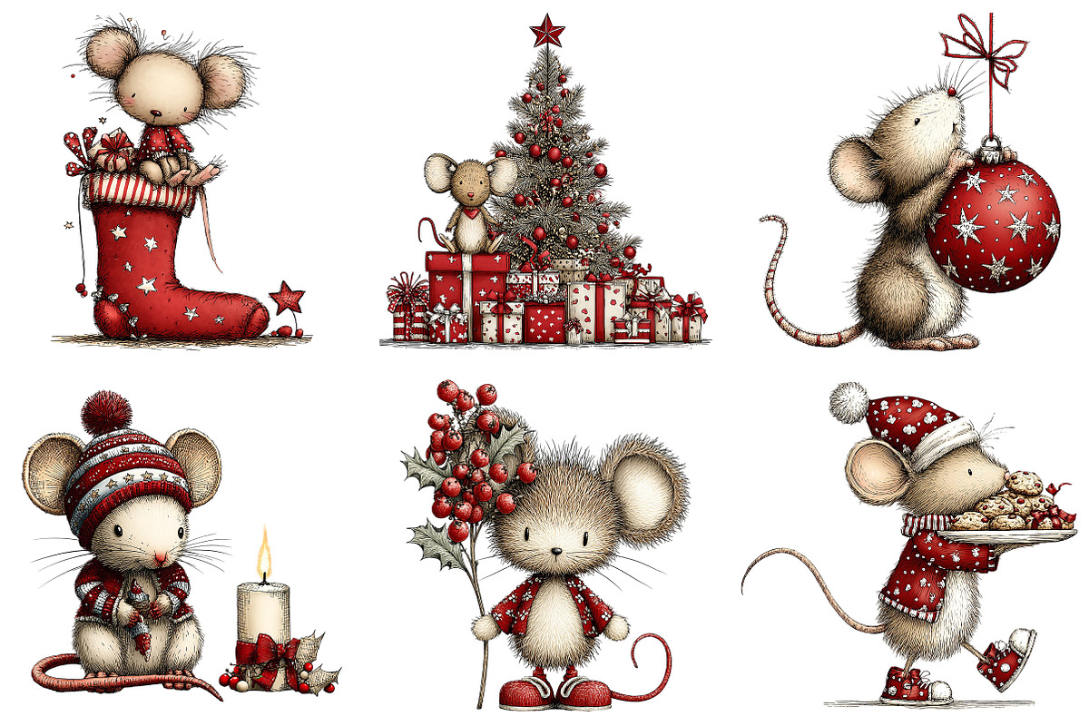 Whimsical Christmas Mouse Clipart, an Illustration by Craft Nest (Photo 6 of 10)