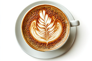 Cup of cappuccino with drawn leaf on white background, flat lay, a Food & Drink Photo by AlyaAnd