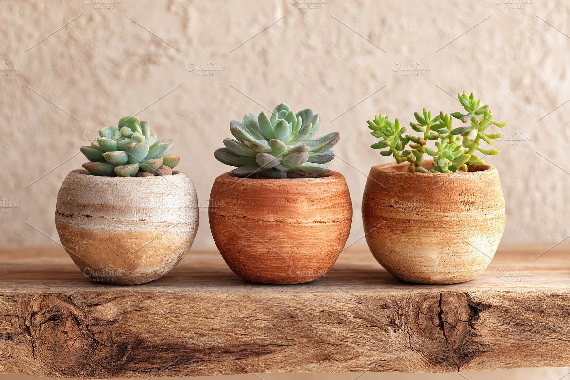 Clay pots with small baby succulents arranged on a rustic wooden surface in nat, a Nature Photo by AlyaAnd