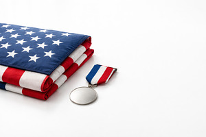 Folded American flag with medal on w, a Photo by Dvoevnore photos