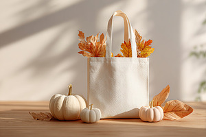 Blank shopping bag with autumn leaves and decorative pumpkins on a wooden table, a Photo by AlyaAnd