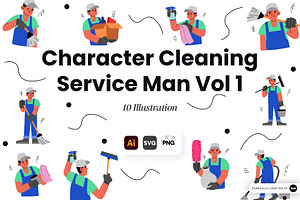 Cleaning Service Man Character Vol 1, a Work Illustration by SLAB! Design