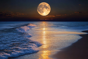 The full moon rising over the ocean, a Photo by Pavel_design