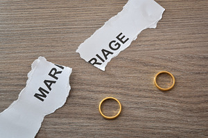 Wedding Rings Separated by Torn Marriage Words, an Abstract Photo by Davizro's Market