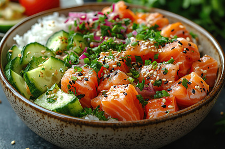 Healthy poke bowl with rice, vegetables, fresh meat or fish, a Food & Drink Photo by AlyaAnd