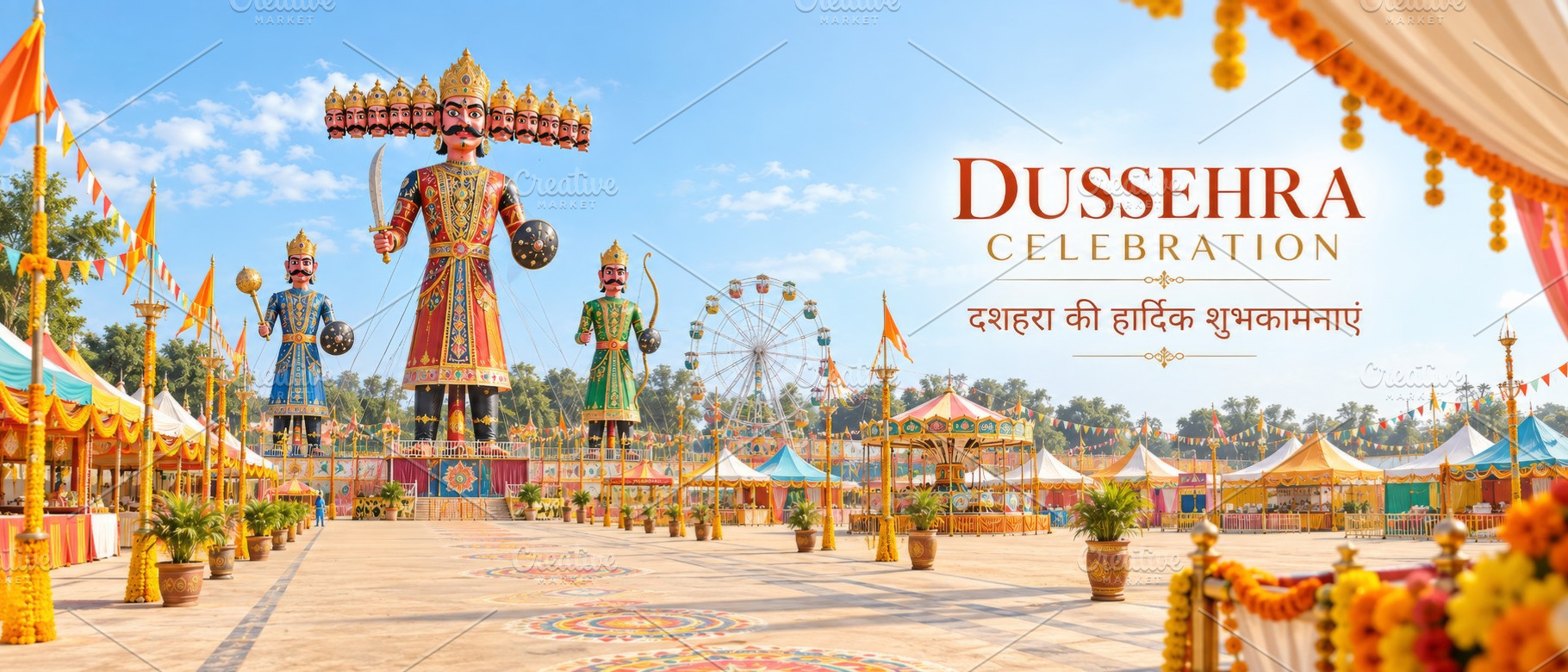 Dussehra Vijayadashami celebration banner showing Ravana effigy,, a Photo by Dvoevnore photos