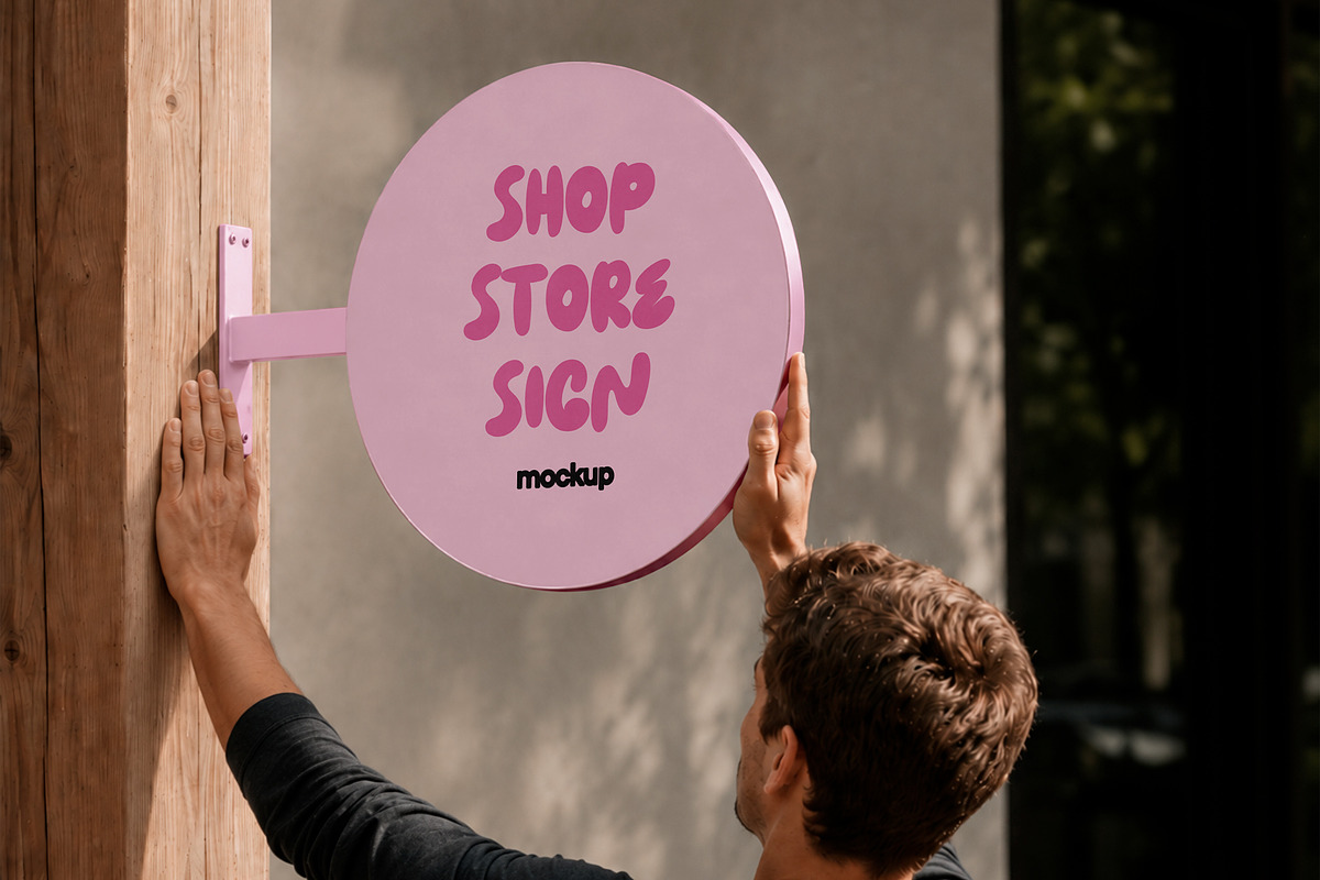 Round Storefront Sign Board Mockup, a Packaging Mockup by The Rose Project (Photo 1 of 3)