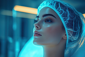 A close-up portrait of a woman esthetic technologist with a serene expression,, a Person Photo by Textures & Backgrounds