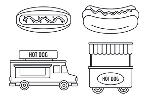 Hot Dog Shop Cart Icon Set, Outline