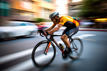 A dynamic shot of a cyclist riding through a dedicated bike lane, a Sports & Recreation Photo by designvectx