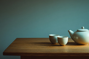 Teapot and Cups on Rustic Oak Table, a Food & Drink Photo by Virgo Studio