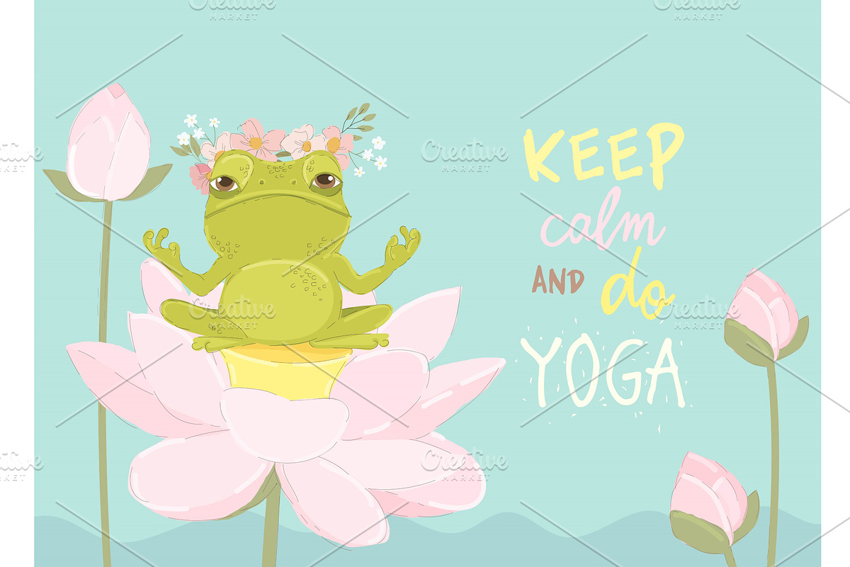 Cute frog doing yoga sitting on, an Animal Illustration by Maria Starus